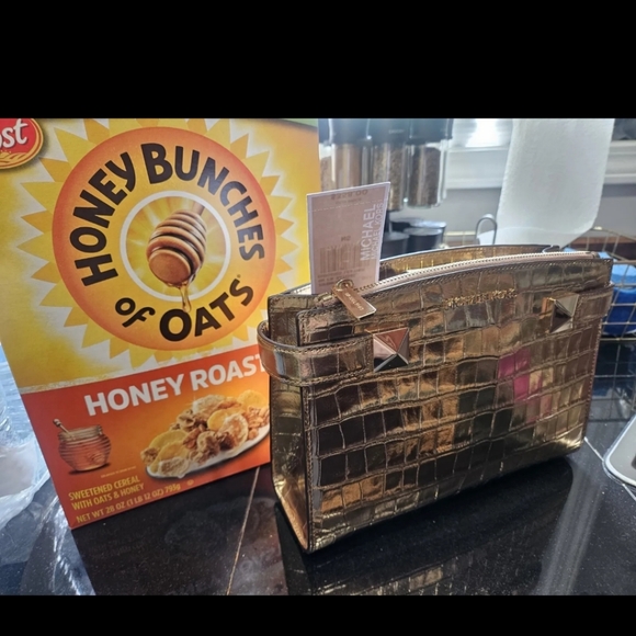 Karla Michael Kors Purse Gold Satchel Embossed Leather NWT - Picture 3 of 3